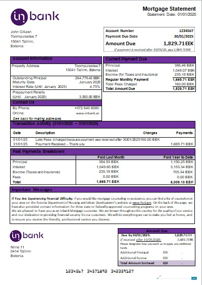 Download Estonia Inbank bank mortgage statement scr Photoshop template